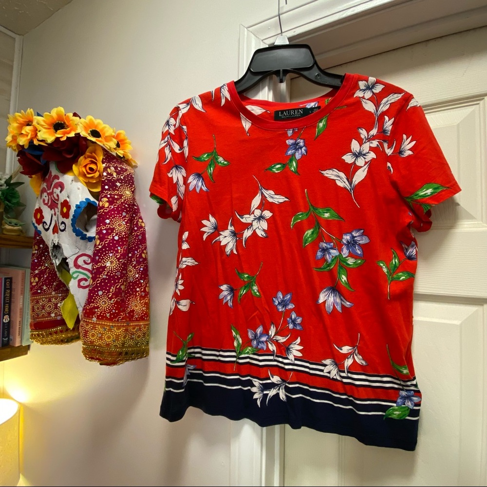 Ralph Lauren Red Floral China Pattern Short Sleeve Tee Large